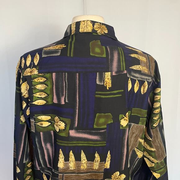 Vintage Blouse Top Size Medium Purple Green Boho Art Print Long Sleeve Button - Picture 7 of 12